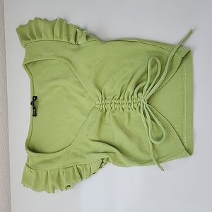 Zara Ruffle Ribbed Cinch Crop Top in Green Size small